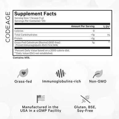 Codeage Bovine Colostrum Powder Supplement 4-Month Supply 1000mg per Serving Grass-Fed Ethically Sourced Immunoglobulin-Rich Prized First Milk Cold-Chain Pasteurized Agglomerated Non-GMO 4.3 OZ