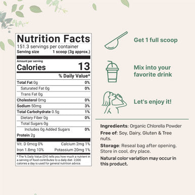 Micro Ingredients Organic Chlorella Powder, 16 Ounce (1lb), Broken Cell Wall, Rich in Vegan Proteins & Vitamins, Raw, Bulk Premium Chlorella Supplement, Vegan Friendly, Non-Irradiation