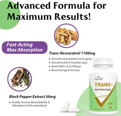 99% Ultra Purity Ascuoli Trans-Resveratrol 1100Mg, 3-In-1 Advanced Formula Organic Resveratrol Supplement, Max Antioxidant Anti-Aging, Skin Health, Cell Repair Boost Nad+, Immune & Energy, 60 Capsules