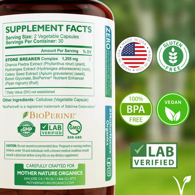Mother Nature Organics Superfoods for Organic Living Stone Breaker Chanca Piedra Capsules, Dissolve Kidney & Gallbladder, Detoxify Urinary Tract, Flush Impurities, Kidney Support With Celery Seed Extract - 60 Veg Capsules