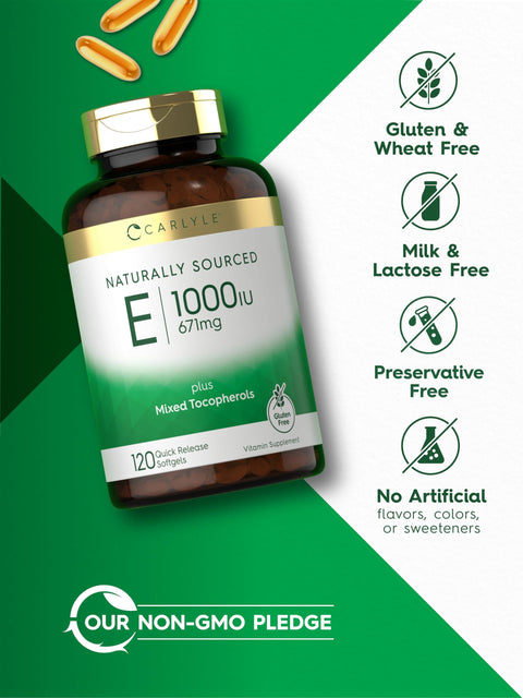 Carlyle Vitamin E 1000 IU Softgels with Mixed Tocopherols 120 Pills Naturally Sourced Supplement NonGMO and Gluten Free Formula