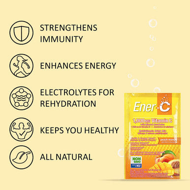 Ener-C Peach Mango Non GMO Effervescent Powdered Drink Mix with 1000mg of Vitamin C - 30 Sachets (1 Box)
