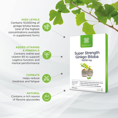 Healthspan Ginkgo Biloba 10,000mg (120 Tablets) | Added Iodine & Vitamin B5 | Reduce Tiredness & Fatigue | Support Cognitive Function & Mental Performance | Rich Source of Flavone Glycosides | Vegan