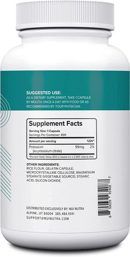 Nui Nutra Potassium Citrate Supplement | 99mg | 400 Capsules | Electrolyte and Essential Mineral | Support for Bones, Heart, Immune System, and Muscle Contraction | Citrato de Potasio