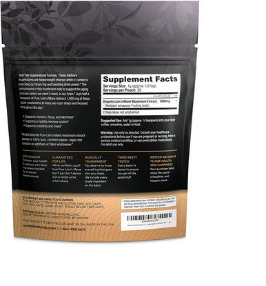 Nested Naturals Pure Lions Mane, 100% Lions Mane Mushroom Extract Powder Supplement, USDA Organic, Support Brain Power, Focus, Memory, Mood, Vegan, Gluten Free (30 Servings)