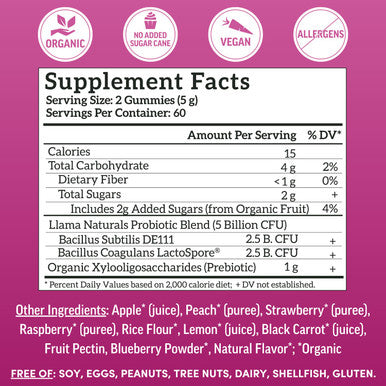 Llama Naturals Probiotics for Women and Men with Prebiotic Fiber Vegan Organic Probiotic Gummies for Gut Health Support Adults Real Fruit Gummy Vitamins No Added Sugar Cane Mixed Berry 120 Ct