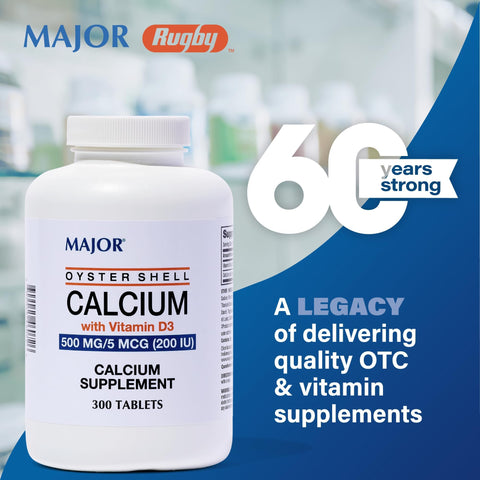 Major Oyster Shell Calcium with Vitamin D3 500 mg / 5 mcg (200 IU) Daily Calcium Supplement 300 Tablets (1 Pack)