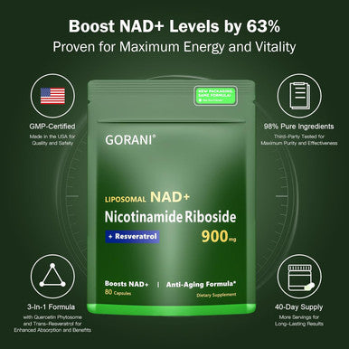 Gorani Nad+ Supplement 900Mg, Nicotinamide Riboside, Liposomal Resveratrol, Quercetin - Mnm Resveratrol Supplement For Promotes Vitality & Cognitive Function (1)