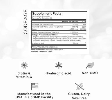 Codeage Biotin Marine Collagen Peptides - Wild-Caught Marine Collagen Types I & III 10000 mcg Biotin Vitamins C & E Hyaluronic Acid Amino Acids Fruit and Herb Blend Non-GMO - 120 Capsules
