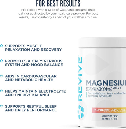 Revive Md Magnesium Powder Supplement - Magnesium Carbonate & Taurate Powder Drink Supports Healthy Bones Muscles & Nerves - Vegan-Friendly Gluten- & Soy- - 30 Servings Raspberry Lemonade