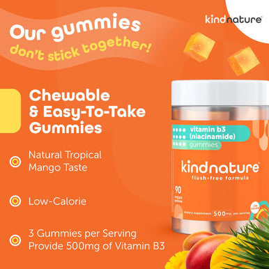 Kind Nature Vitamin B3 Niacin Gummies - Flush Niacinamide 500Mg Supplement - Vegan, Non-Gmo, Low-Calorie, Gluten-Free, Soy-Fee, 3Rd Party Lab Tested - 1 Month Supply, 90 Chewable Gummies