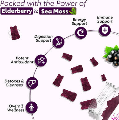 2 Pack Elderberry & Sea Moss Gummies, With Vitamin C, Bladderwrack, Burdock, Echinacea, Immune Support For Women, Men, Adults & Kids, Blueberry Flavor 120Ct
