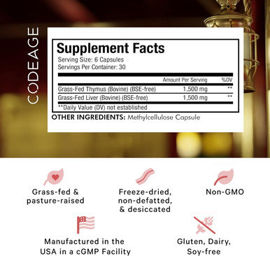 Codeage Grass Fed Beef Thymus Supplement Superfood ze Dried Non-Defatted Desiccated Thymus & Liver Pills Glandulars Meat Pasture Raised Beef Vitamins Non-GMO 180 Capsules