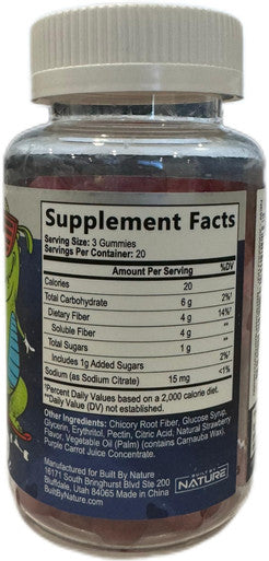 Built Nature Kids Fiber Gummies, Daily Chicory Root Fiber Supplement, Plant Based, Non-Gmo, For Digestive And Intestinal Gut Health, Low Sugar Prebiotic Fiber Gummy For Children, Strawberry Flavored, 60 Gummies