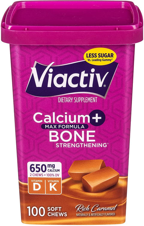 Viactiv Max Formula Calcium +Vitamin D3 Supplement for Bone Health Rich Caramel 100 Soft Chews 2 Pack