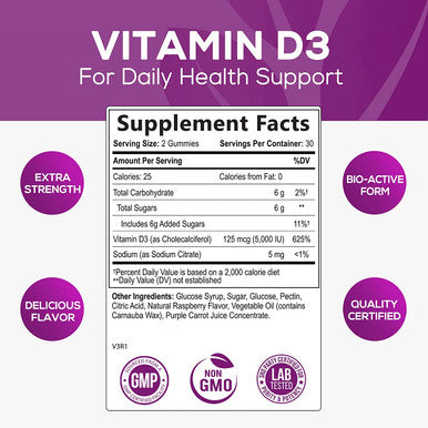 Vitamin D3 Gummies 5,000 IU 125 mcg - Extra Strength Natural Immune Support and Support Bone Health - Delicious, Non-GMO, Tasty Gummy for Children, Adults, and Seniors - 60 Gummies