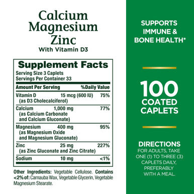 Nature's Bounty Calcium Magnesium & Zinc Caplets Immune & Supporting Bone Health 100 Count
