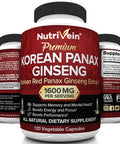 Nutrivein Pure Korean Red Panax Ginseng 1600mg - 120 Vegan Capsules - High Strength 5% Ginsenosides - Ginseng Root Extract Powder for Energy, Potency, Strength, Vigor and Focus for Men and Women