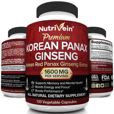 Nutrivein Pure Korean Red Panax Ginseng 1600mg - 120 Vegan Capsules - High Strength 5% Ginsenosides - Ginseng Root Extract Powder for Energy, Potency, Strength, Vigor and Focus for Men and Women