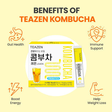 Teazen Lemon Kombucha Tea Hydration Drink Mix Sugar Live Probiotics & Prebiotics 30 Sticks 5.29oz