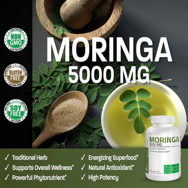 Moringa Oleifera 5000 mg Powder Capsules Extra High Potency 50:1 Extract Energizing Superfood Antioxidant, 120 Vegetarian Capsules