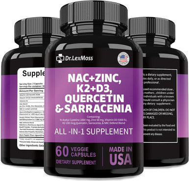 Nac Supplement N-Acetyl Cysteine 1000Mg Vitamin D3 K2 Zinc Quercetin 1000Mg Sarracenia Purpurea 1000Mg With Elderberry Holy Basil Bee Propolis Bromelain L-Lysine For Men And Women,60 Count Usa