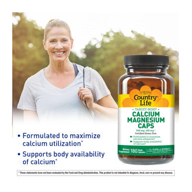 Country Life Target-Mins Calcium Magnesium Caps 500Mg: 250Mg 180 Vegan Capsules Certified Gluten Free Certified Vegan