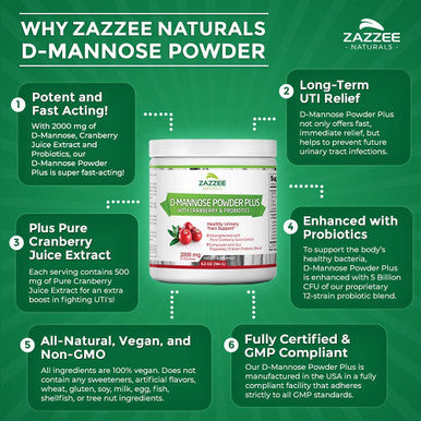 Zazzee D-Mannose Powder Plus, 67 Servings, 6.5 Ounces, Plus 5 Billion CFU Probiotics, Enhanced with Pure Cranberry Juice, Includes Free Scoop, Fast-Acting, Vegan, Non-GMO and All-Natural