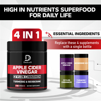Apple Cider Vinegar Capsules 600Mg Ceylon Cinnamon 300Mg Turmeric Curcumin 300Mg & Berberine 300Mg - Dietary Supplement Support