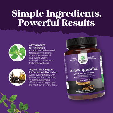 Natures Craft Best Ashwagandha Root Powder Capsules 1300 mg Premium Relaxation Sleep Natural Supplement Calming Energy Rejuvenate 100% Pure Potent Ingredients for Women and Men 30 Servings per Container