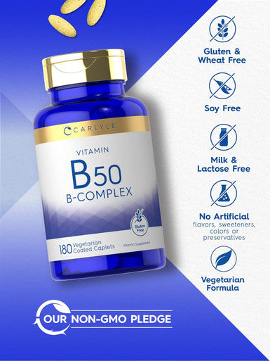 Carlyle Vitamin B50 Complex | 180 Caplets | Vegetarian Non-GMO Gluten
