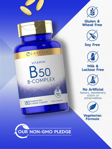 Carlyle Vitamin B50 Complex | 180 Caplets | Vegetarian, Non-Gmo, Gluten Free