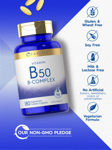 Carlyle Vitamin B50 Complex | 180 Caplets | Vegetarian, Non-Gmo, Gluten Free