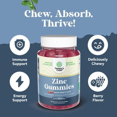 Natures Craft Extra Strength Zinc Gummies for Adults - Chewable Zinc Citrate 50mg Immunity Gummies for Adults - Kosher Halal Gluten and Gelatin Non-GMO Nut Great Tasting Zinc Gummies Adult Formula