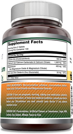 Amazing Nutrition Formulas Calcium Magnesium Zinc D3 - 300 Tablets Per Bottle Supplement (Calcium 1000mg - Magnesium 400mg - Zinc 25mg Plus Vitamin D3 600 IU - Per Serving of 3 Tablets)