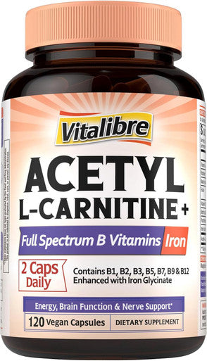 Vitalibre Acetyl-L-Carnitine Hcl 1250Mg, With B1, B2, Niacin, Biotin, Folic Acid, Methyl B12, B5 & Iron, B Vitamins, High Potency, Energy, Brain Support, 120 Vegan Caps