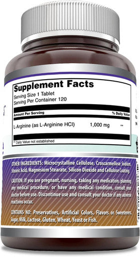 Amazing Nutrition Formulas L-Arginine 1000mg 120 Tablets Supplement | Best Amino Acid Supplement for Women & Men | Non-GMO | Gluten | Made in USA