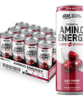Optimum Nutrition Amino Energy Drink + Electrolytes For Hydration - Sugar Free Amino Acids Bcaa Keto Friendly Sparkling Drink - Juicy Cherry Pack Of 12 (Packaging May Vary)