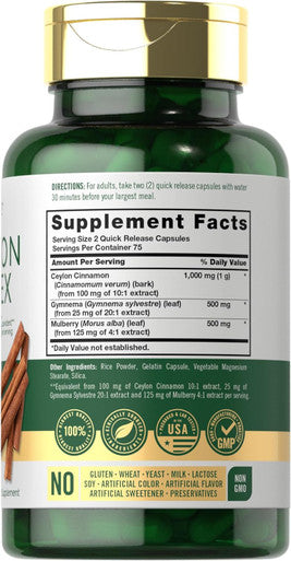 Carlyle Ceylon Cinnamon Complex with Gymnema and Mulberry | 150 Capsules | Non-GMO Gluten Supplement