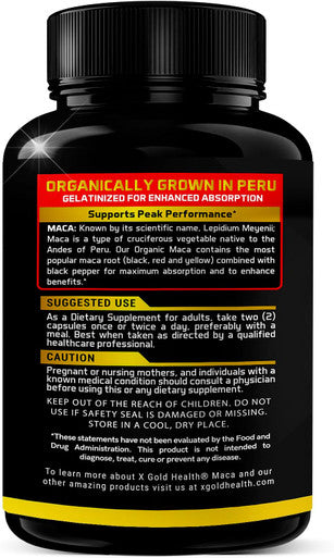 X Gold Health Organic Maca Root Powder Capsules 1500Mg With Black Red & Yellow Peruvian Maca Root Extract Gelatinized, Energy & Mood Supplement For Men & Women + Black Pepper For Best Benefits