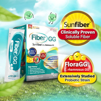 LABO Nutrition FiberGG Lactobacillus Rhamnosus GG 10 Billion CFU Active Probiotics and 7g Sunfiber Prebiotic Fiber Supplement Support Healthy Intestinal Immune Health Gluten Free 30 Sachets