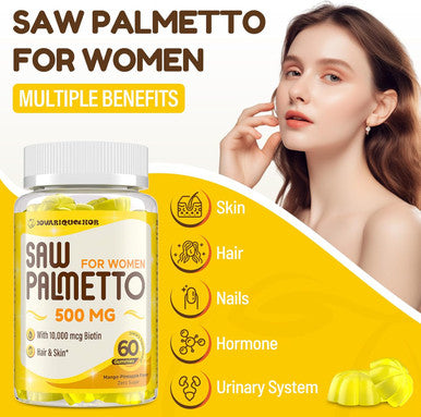Saw Palmetto For Women - Dht Blocker Hair Growth Supplement - 500Mg Potent Saw Palmetto Gummies For Hair, Skin, Nails, Urinary Wellness - Mango-Pineapple Flavor - 60 Gummies