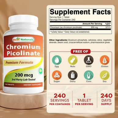 Best Naturals Chromium Picolinate Tablet 200 Mcg 240 Count