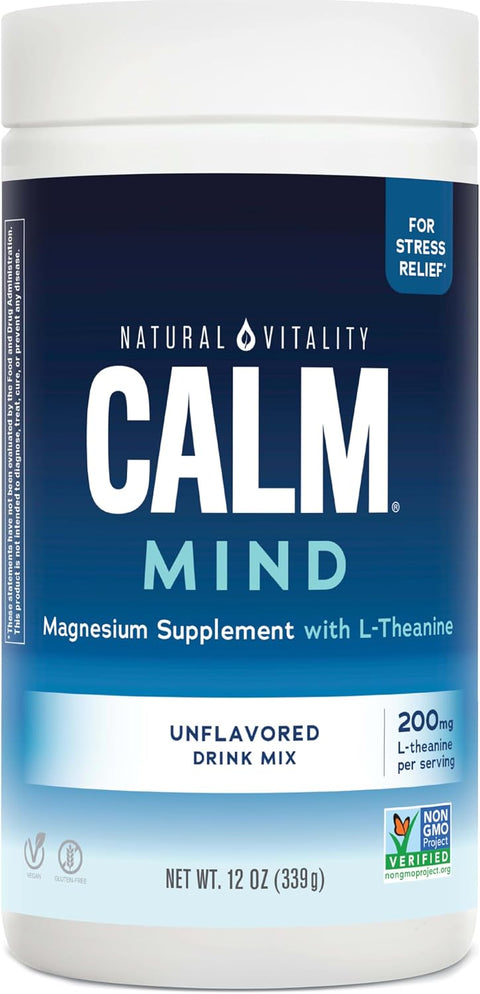 Natural Vitality Calm Mind Magnesium Citrate + LTheanine Powder Supports a Healthy Response to Stress Gluten and Vegetarian Honey Chamomile 12 oz.