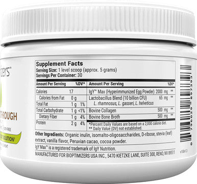Biome Breakthrough Repair Powder - Chocolate Flavor - Has Lactobacillus Strains, Bone Broth & Collagen - Source of L-Glutamine - Gas & Bloating Relief - Improves Gut Health - 30 Servings - 150g