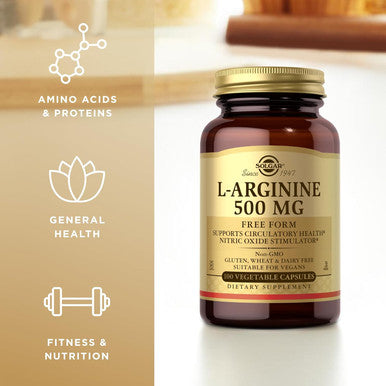 Solgar L-Arginine 500 Mg - 100 Vegetable Capsules - Nitric Oxide Stimulator - Non-Gmo, Vegan, Gluten Free, Dairy Free, Kosher - 100 Servings