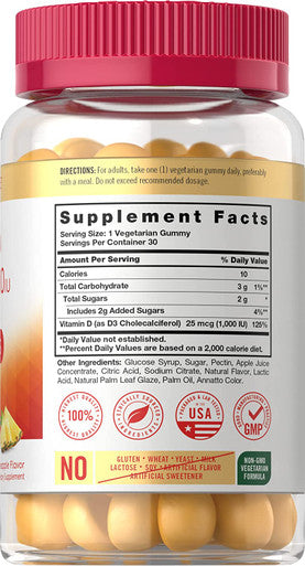 Carlyle Vitamin D3 Gummies | 1000 IU (25 mcg) | 30 Count | Vegetarian, Non-GMO, and Gluten Free Formula | Natural Pineapple Flavor
