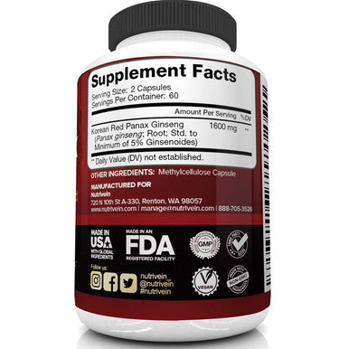 Nutrivein Pure Korean Red Panax Ginseng 1600mg - 120 Vegan Capsules - High Strength 5% Ginsenosides - Ginseng Root Extract Powder for Energy, Potency, Strength, Vigor and Focus for Men and Women