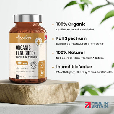 Vitabright Organic Fenugreek Capsules 2250mg High Strength 180 Capsules (not Tablets not Powder) 60 Day Supply Supports Healthy Blood Sugar Levels & Healthy Cholesterol Vegan for Women & Men VitaBright