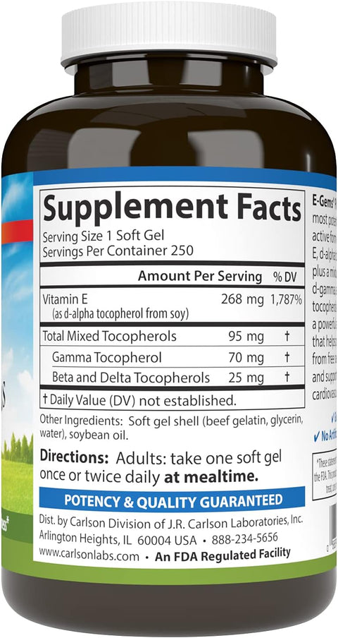 Carlson EGems Plus Natural Vitamin E 400 IU Supports a Healthy Heart 250 soft gels